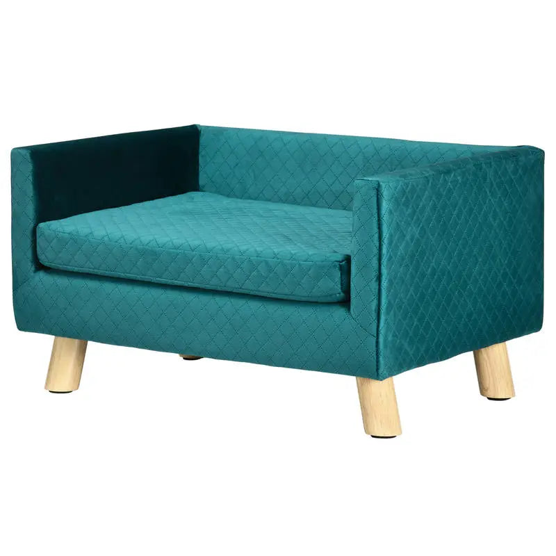 Teal velvet dog sofa side view
