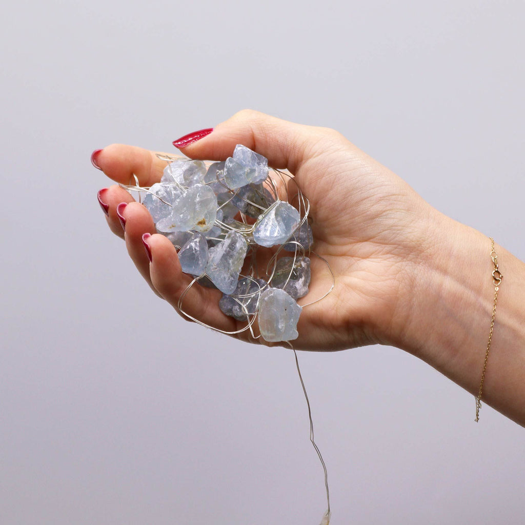 Gemstone Light String – Celestite – styled view