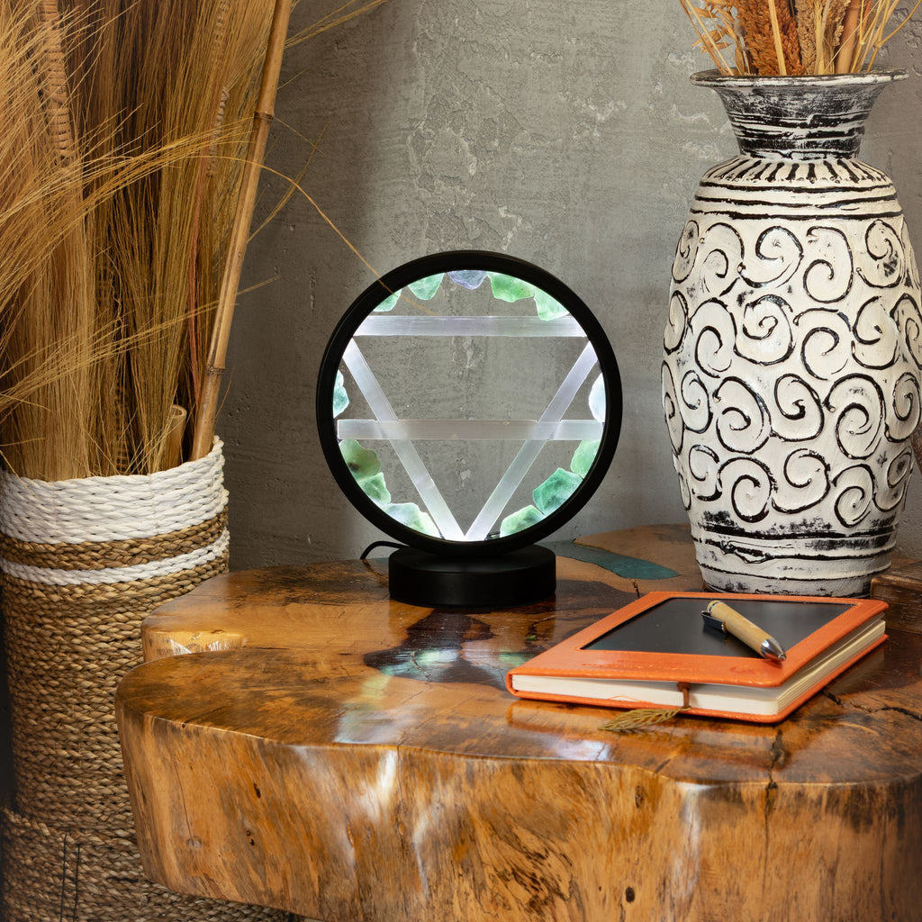 Gemstone Halo Lamp – Earth · Aventurine & Selenite – size view
