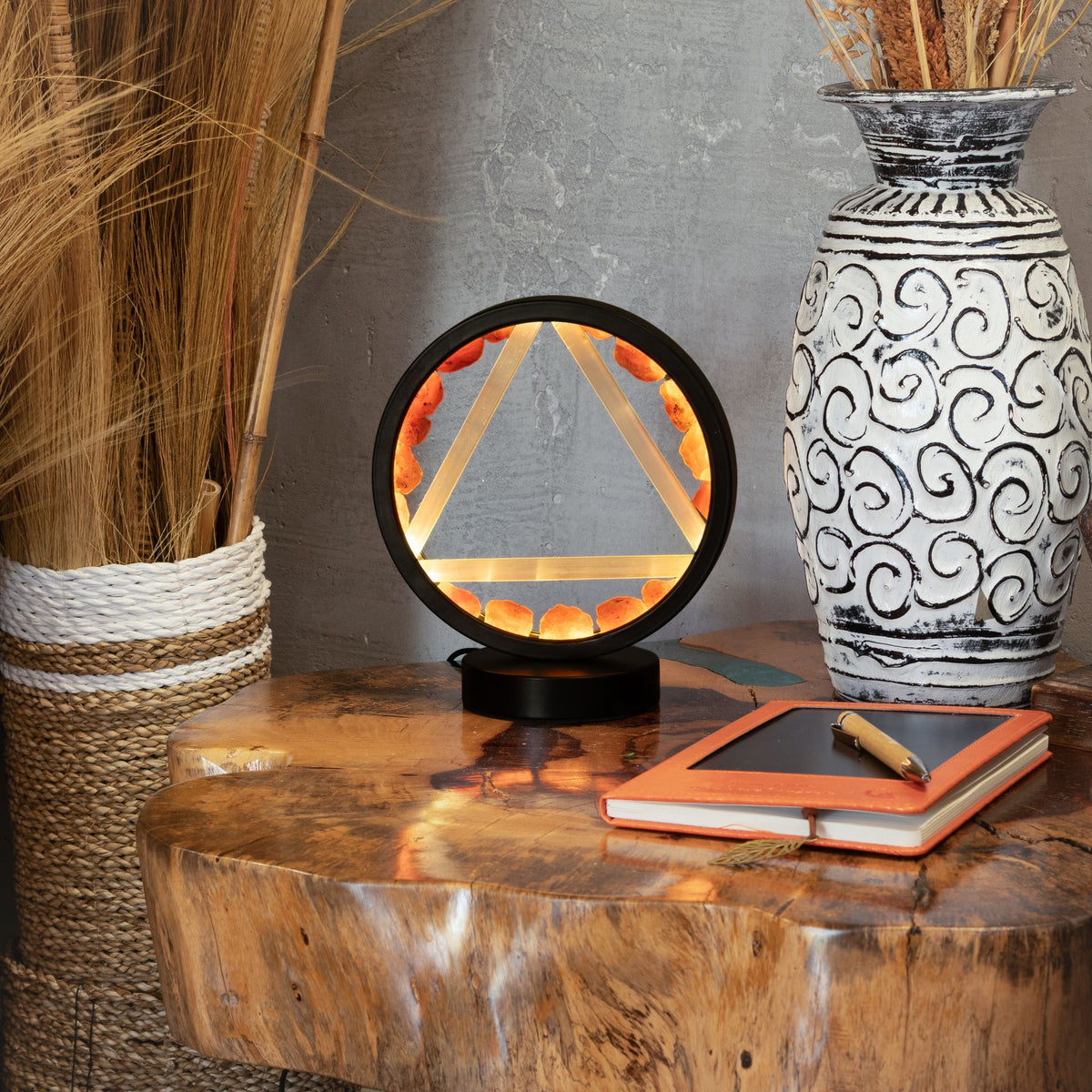 Gemstone Halo Lamp – Fire · Carnelian & Selenite – size view