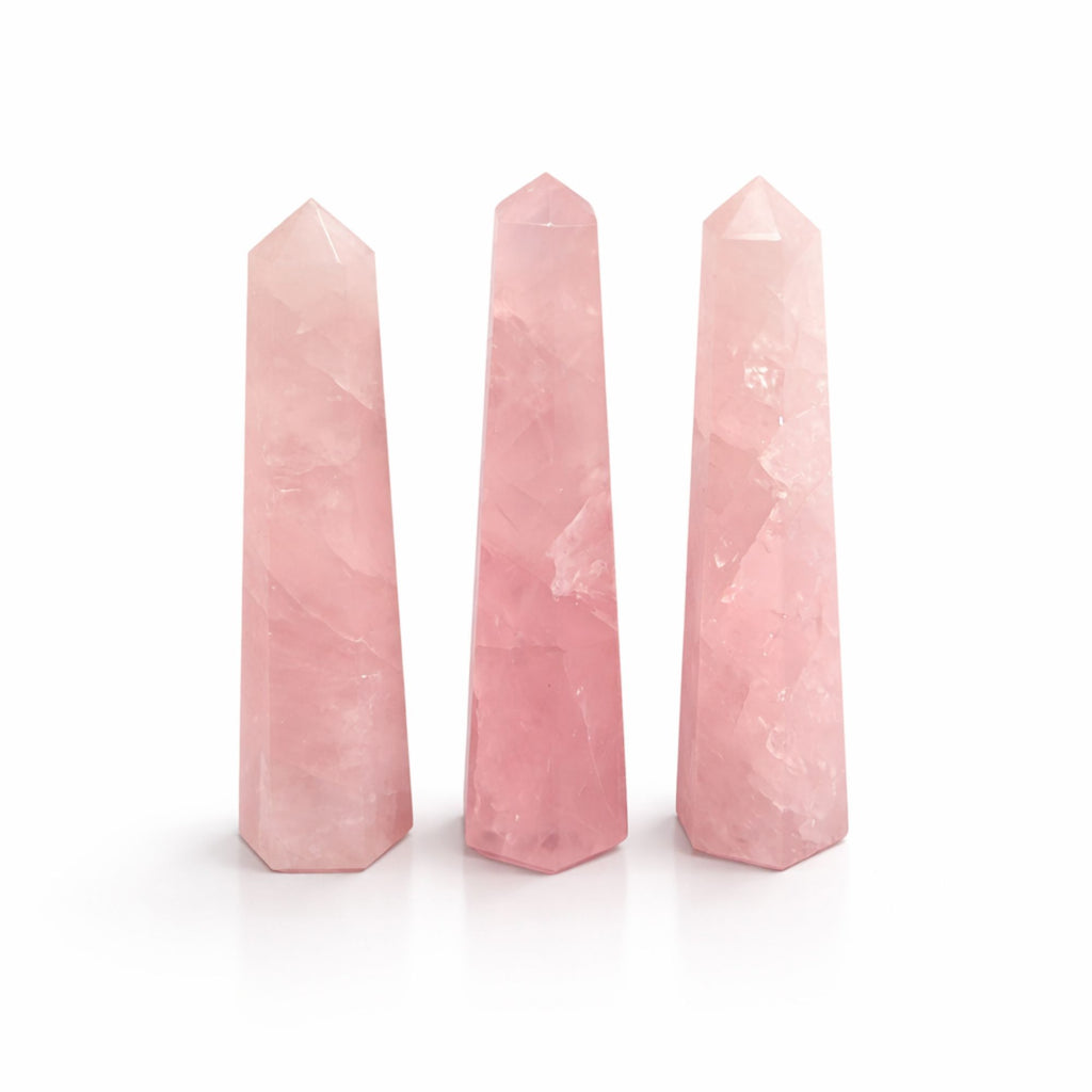 Obelisk Point – Rose Quartz · 11 cm – styled view