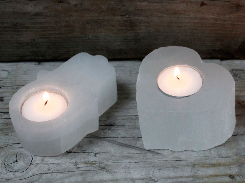 Selenite Candle Holder – Heart – styled view