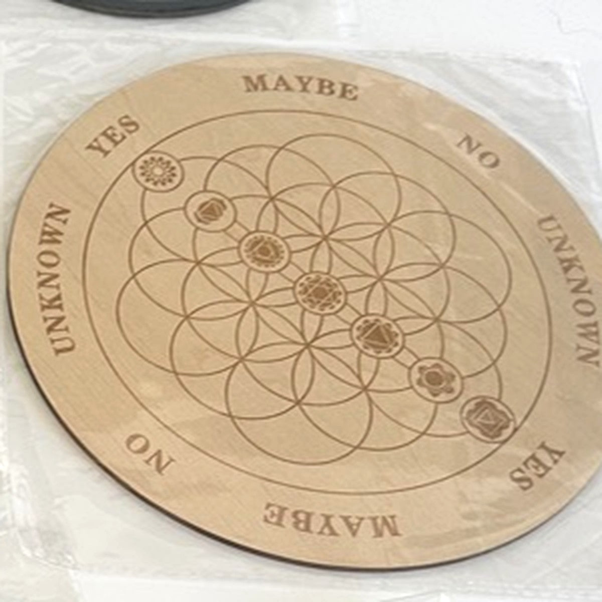Wooden pendulum board Flower of Life with chakra symbols