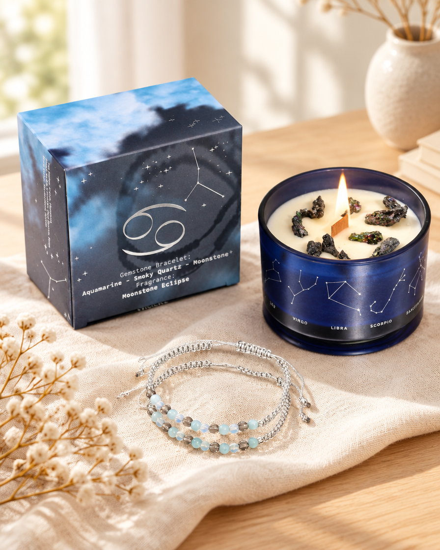 Written in the Stars – Cancer · Zodiac Candle & Gemstone Bracelet by Chapter 9 Copenhagen