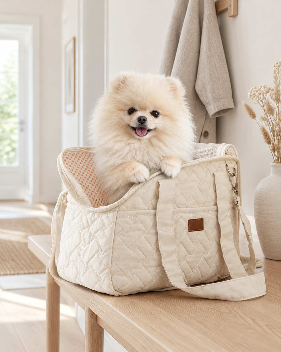 Cream quilted dog carrier bag with cream Pomeranian