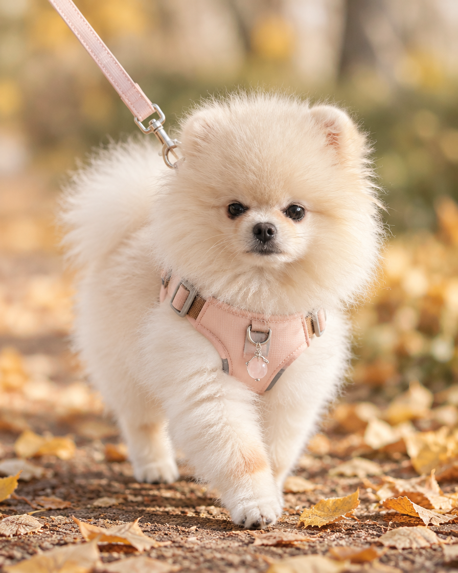 Pomeranian on an autumn walk in the soft pink Gemstone Step-in Harness