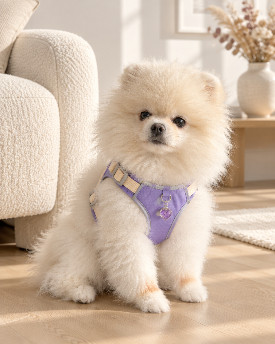Cream Pomeranian wearing the lavender Gemstone Step-in Harness with amethyst charm