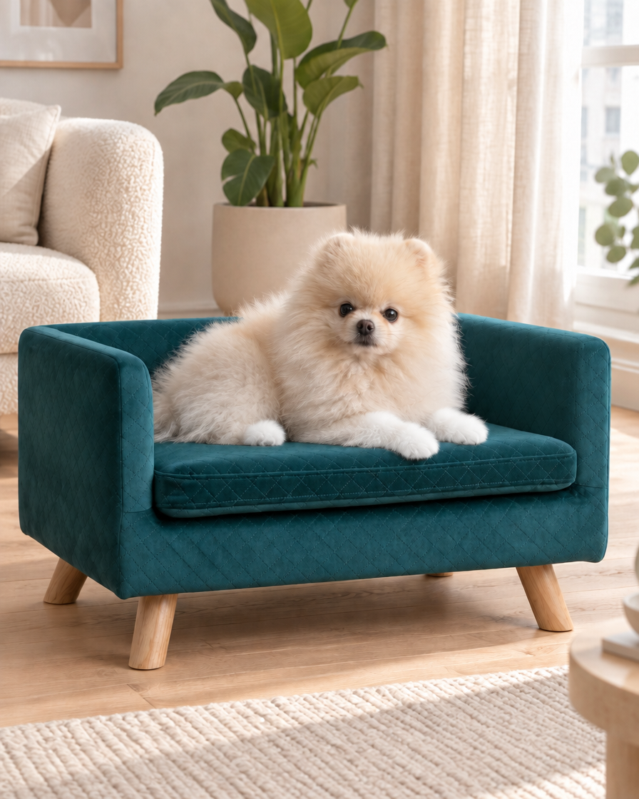 Cream Pomeranian relaxing on the teal Velvet Dog Sofa