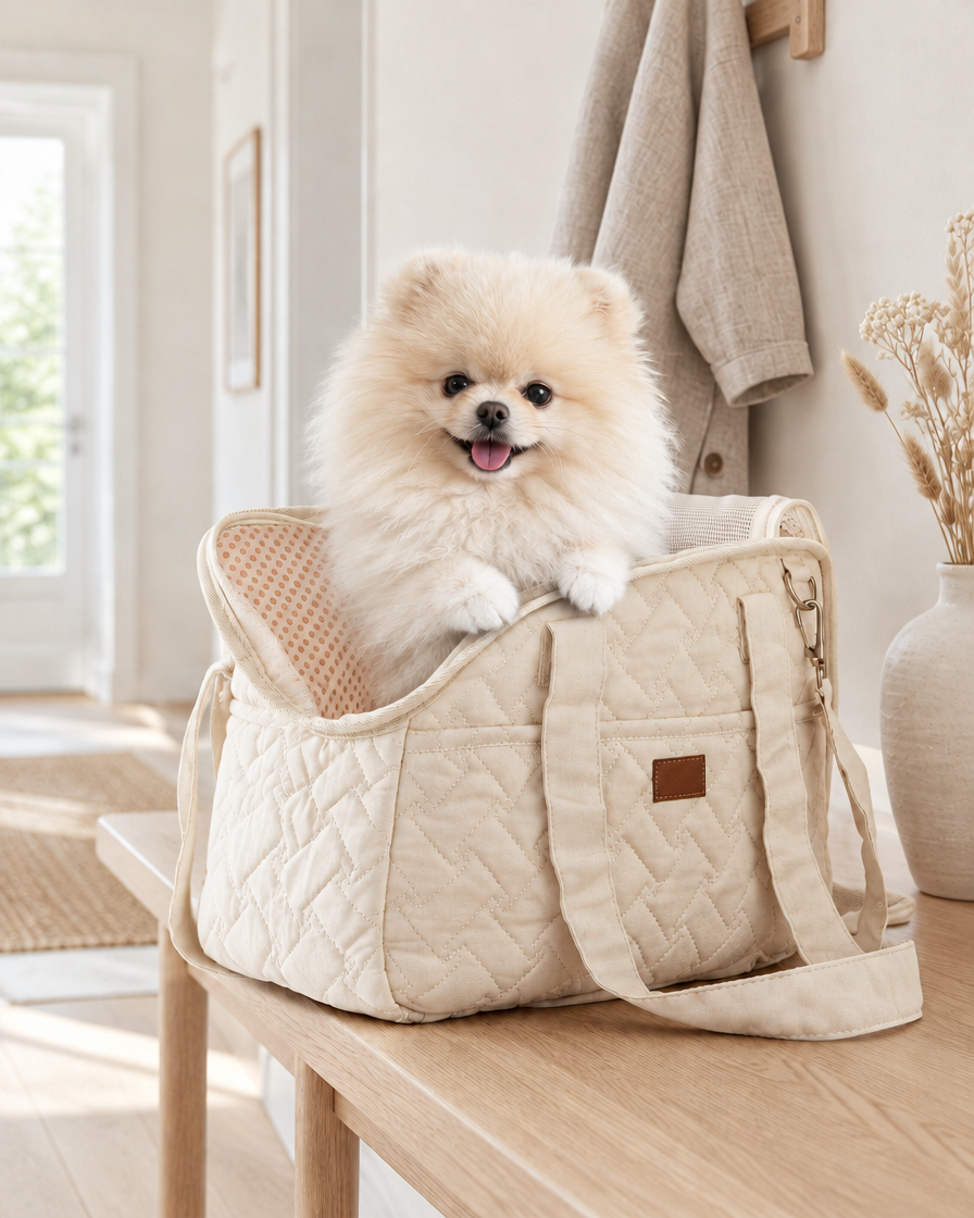 Cream Pomeranian in the Quilted Dog Carrier Bag in cream