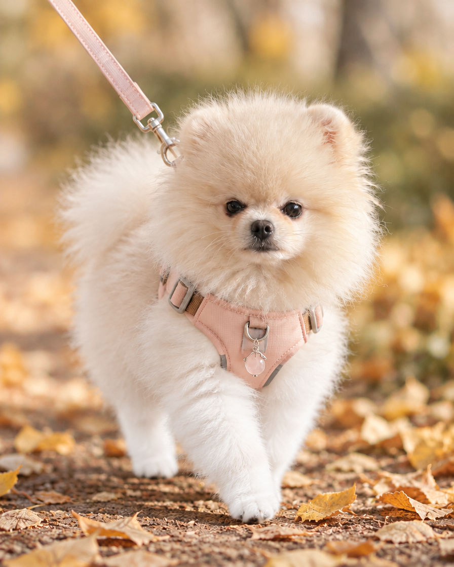 Pomeranian on an autumn walk in the soft pink Gemstone Step-in Harness