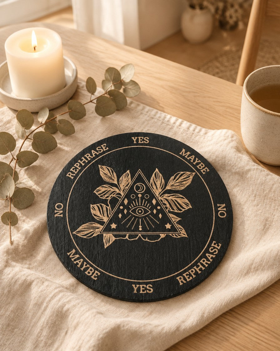 Black pendulum board with eye and leaves design on linen with candle