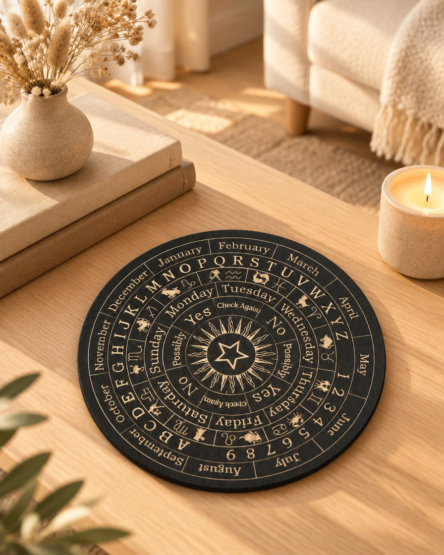 Black pendulum board with sun, moon and alphabet on a wooden table