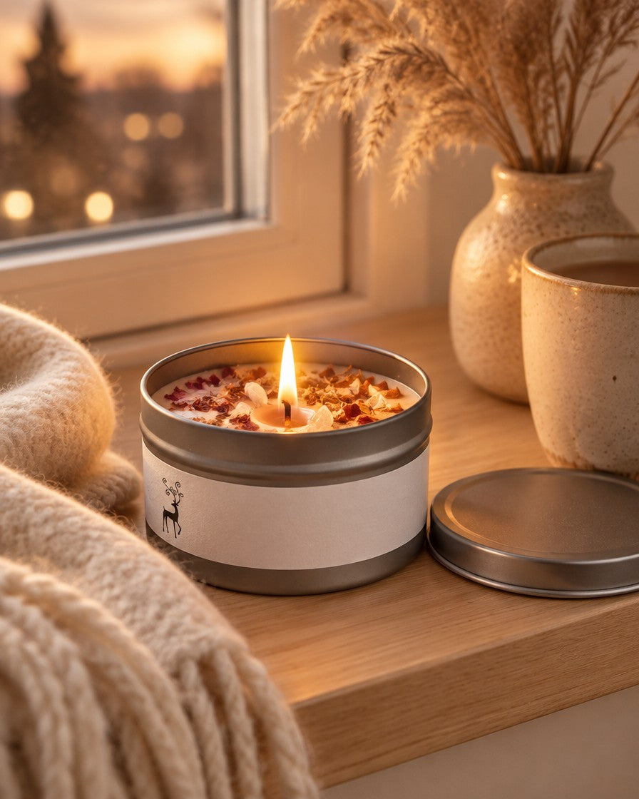 Soy candle in tin with dried petals, lit on a windowsill